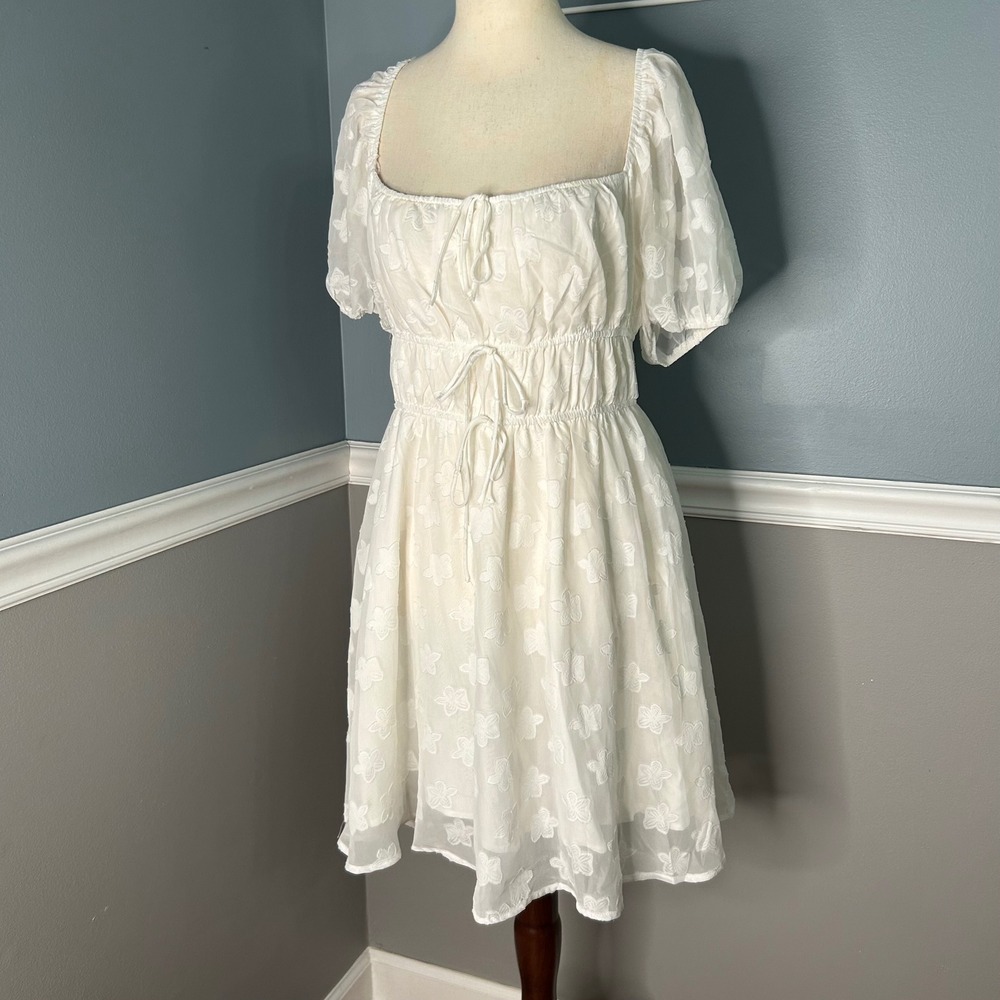 Princess Polly White flower Burnout Mini Dress Puff‎ Sleeve Smocked Waist 10